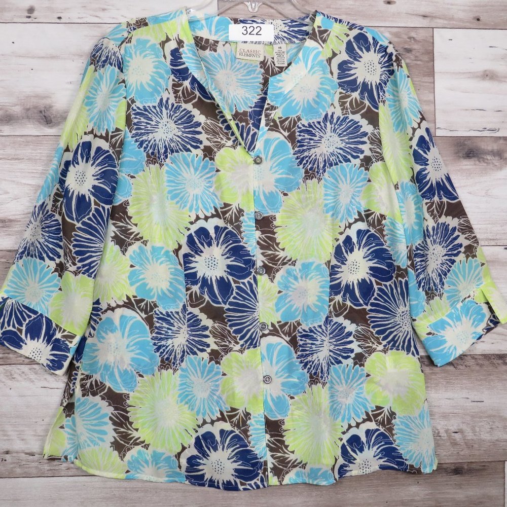 Classic Elements*Women's 3/4 Sleeve Button Down V-Neck Blouse Size 14 Multicolor